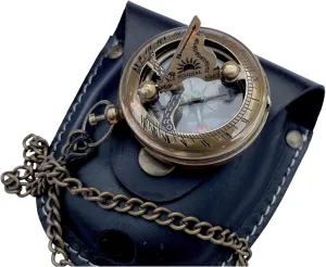 Sundial Compass with Leather Case and Chain - Push Open Compass - Steampunk Accessory – Unique Gift for Men Beautiful Handmade Gift Sundial Compass for Hiking Camping Compass,