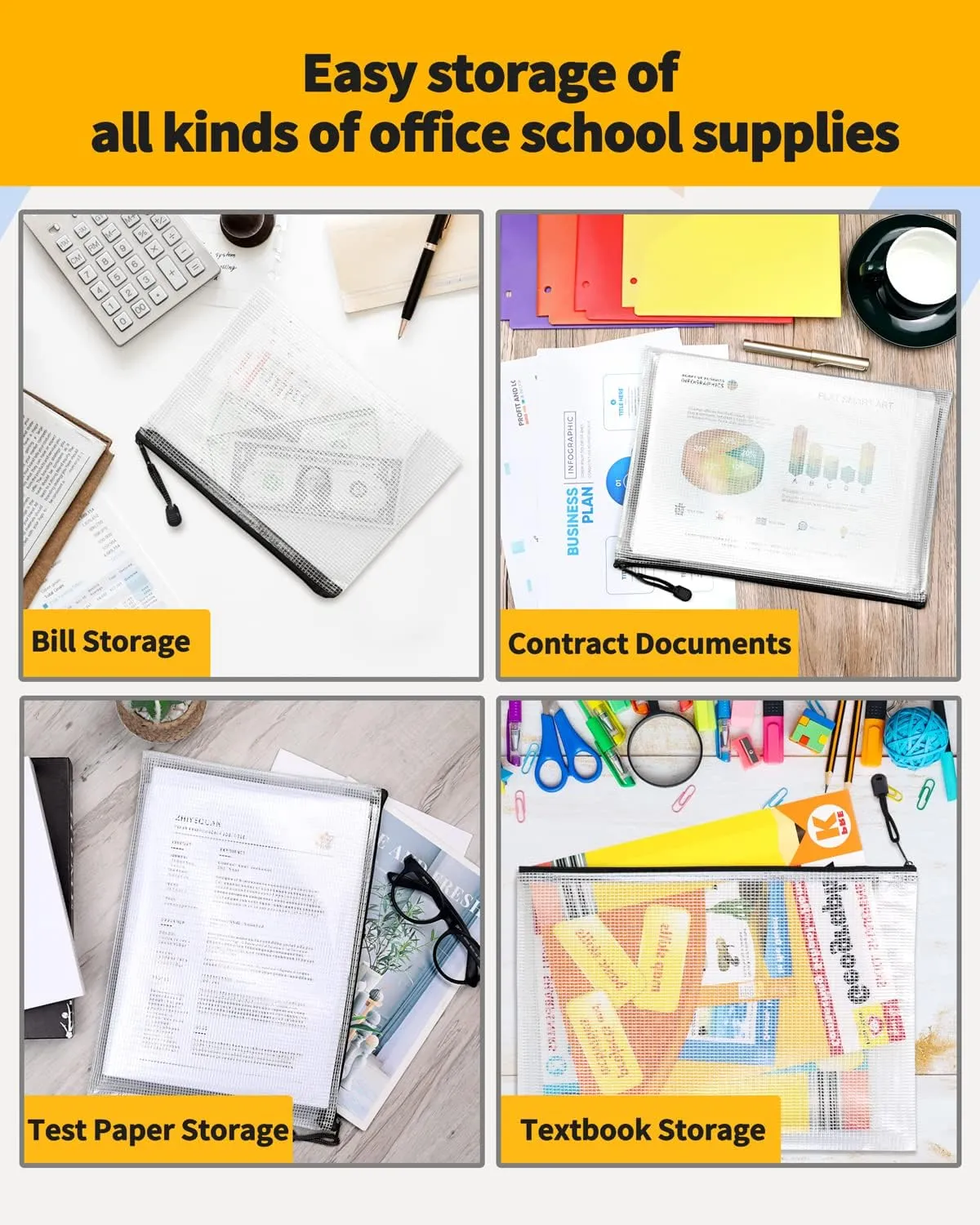 SUNEE Plastic Pencil Pouch 4x9 in (Black, 18 Packs), Small Storage Bags, Plastic Zip File Bags, for School Office Travel Storage