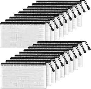SUNEE Plastic Pencil Pouch 4x9 in (Black, 18 Packs), Small Storage Bags, Plastic Zip File Bags, for School Office Travel Storage