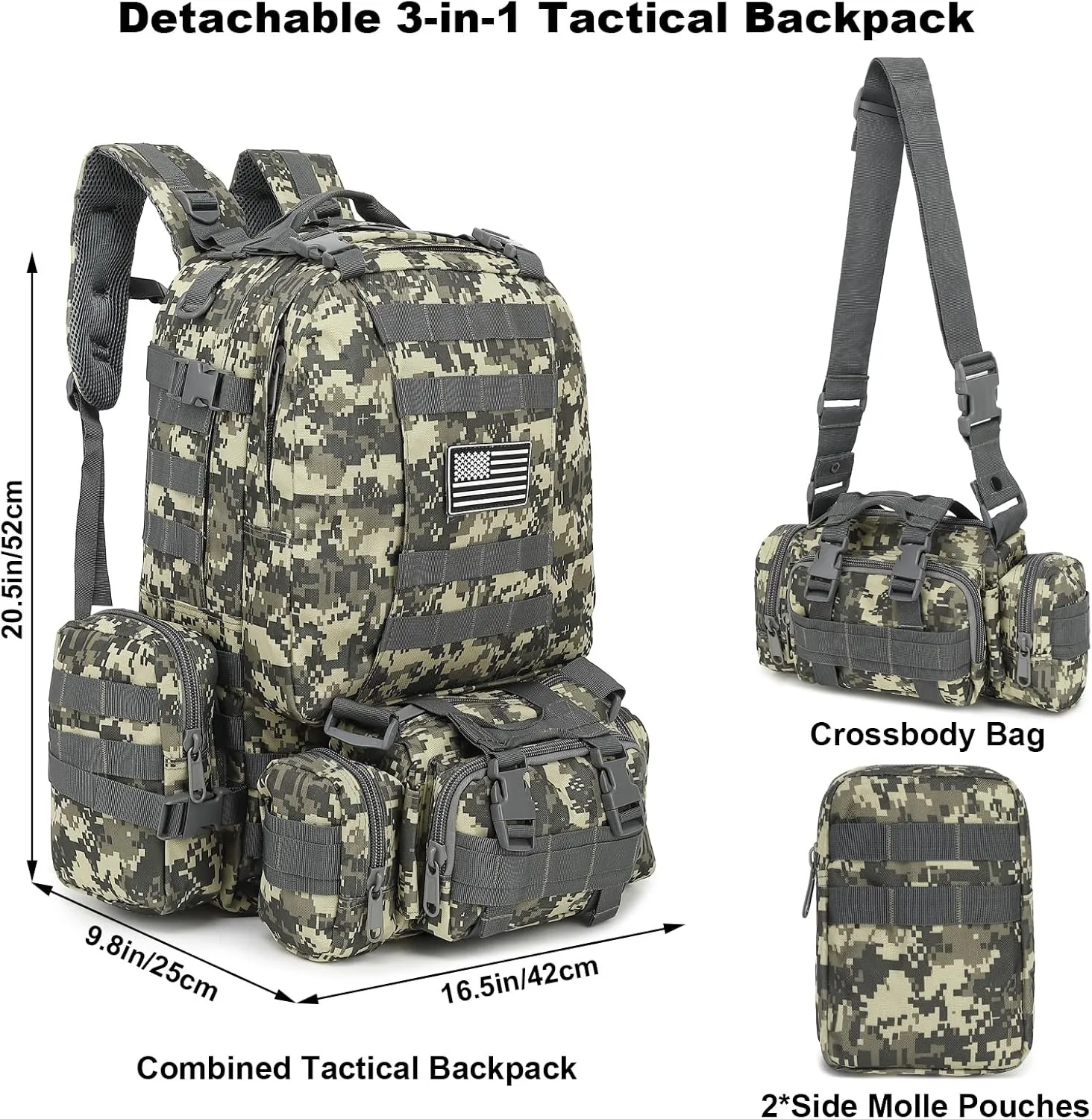 Tactical Backpack for Men Women, Large Waterproof Military Backpack Detachable Molle Backpack Army Assault Pack (ACU Camo)