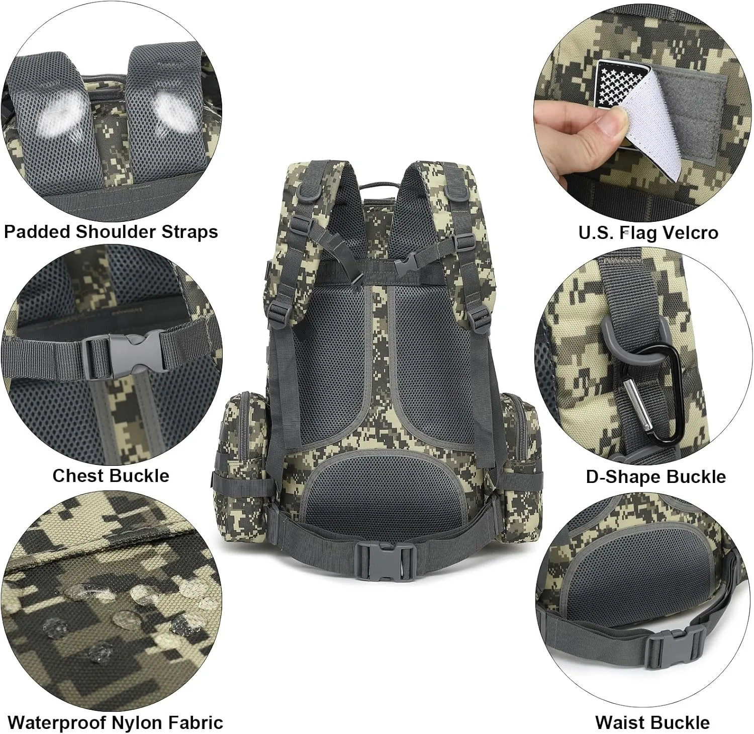 Tactical Backpack for Men Women, Large Waterproof Military Backpack Detachable Molle Backpack Army Assault Pack (ACU Camo)