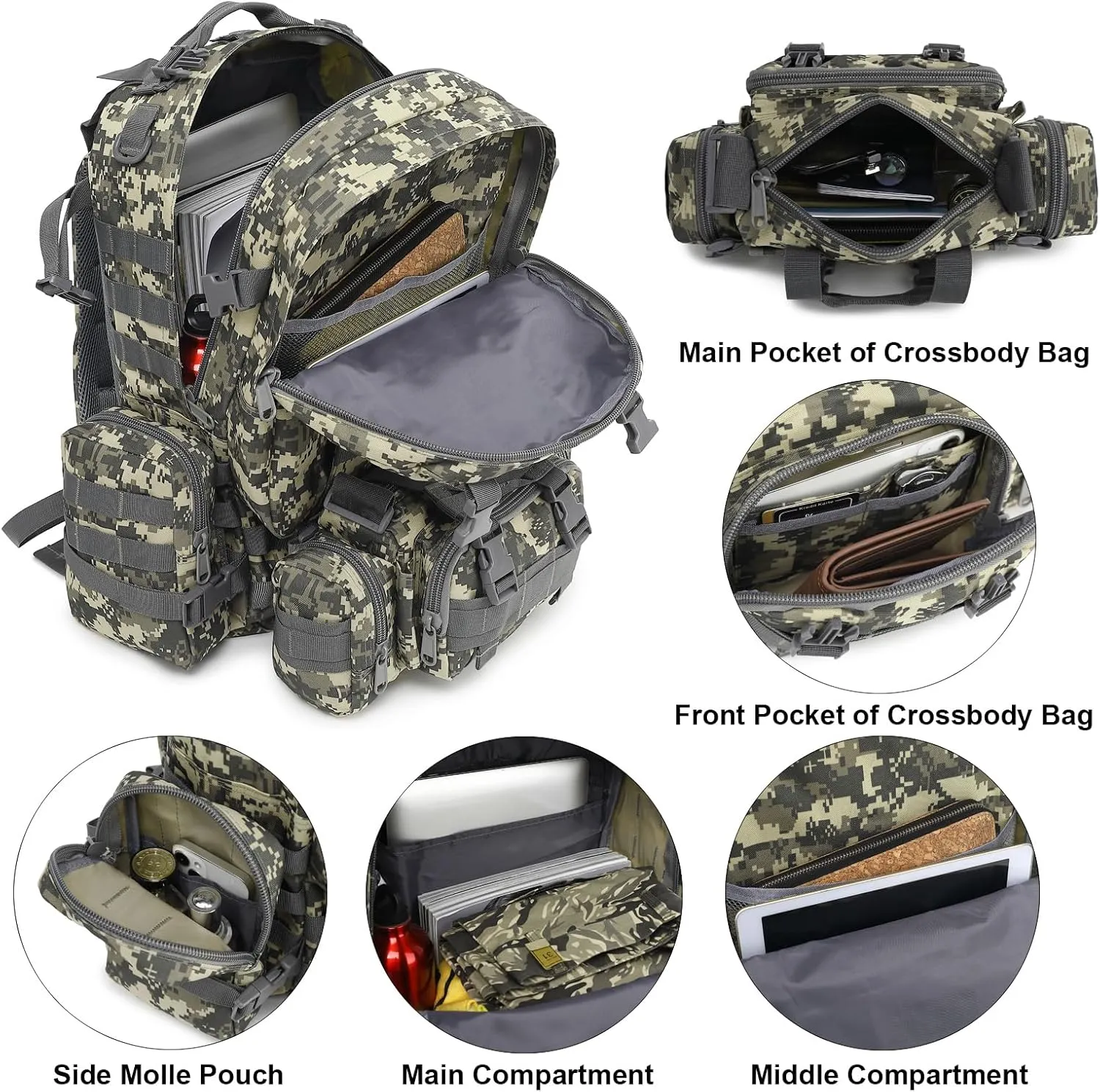 Tactical Backpack for Men Women, Large Waterproof Military Backpack Detachable Molle Backpack Army Assault Pack (ACU Camo)