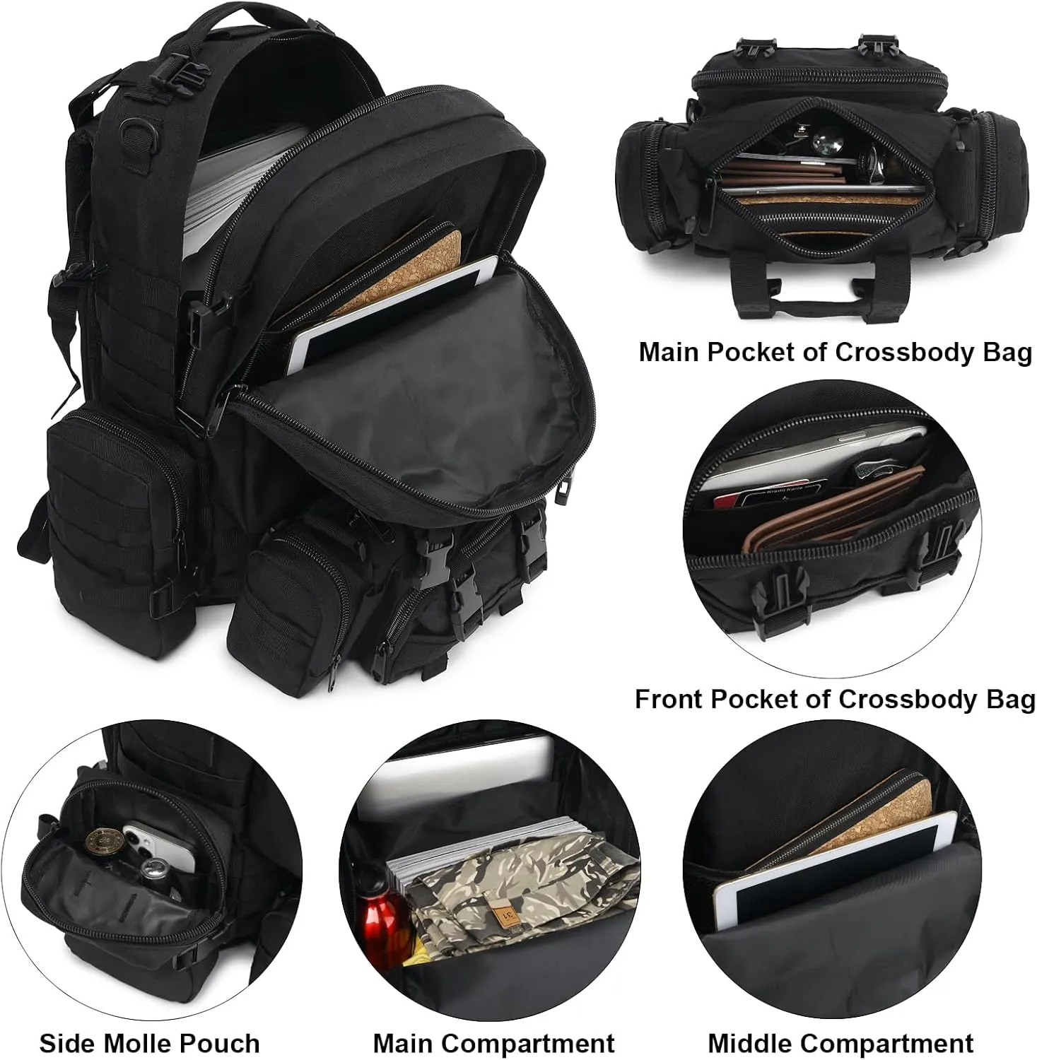 Tactical Backpack for Men Women, Large Waterproof Military Backpack Detachable Molle Backpack Army Assault Pack (Black)