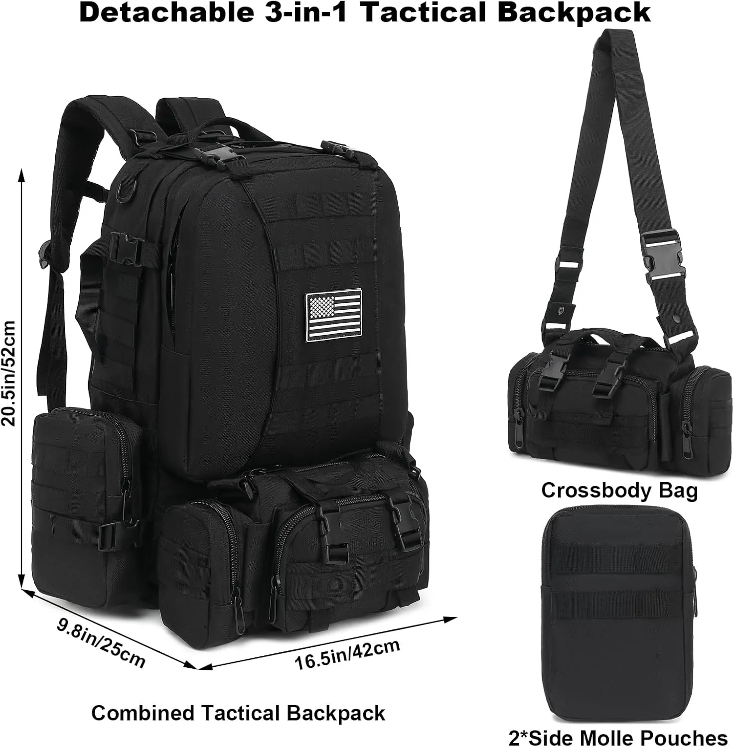 Tactical Backpack for Men Women, Large Waterproof Military Backpack Detachable Molle Backpack Army Assault Pack (Black)