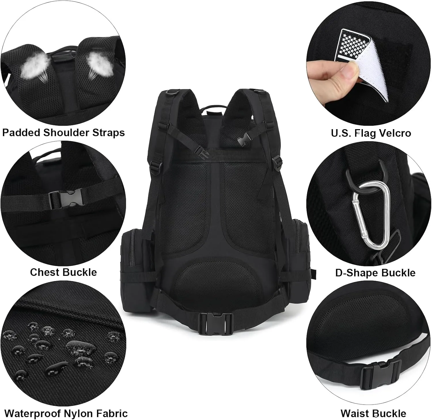 Tactical Backpack for Men Women, Large Waterproof Military Backpack Detachable Molle Backpack Army Assault Pack (Black)