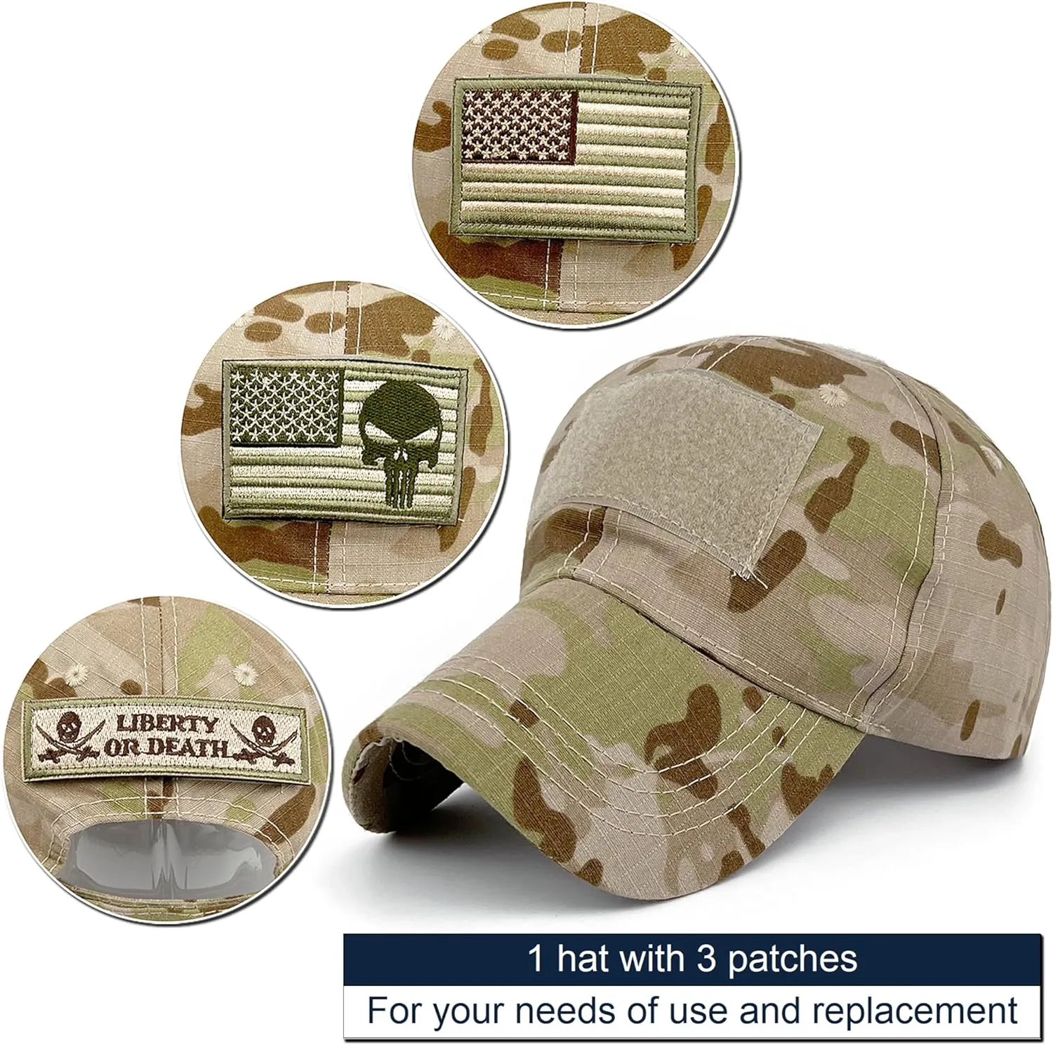 Tactical Military Mens Camo Baseball Hat with American Flag Skull Patch Patriotic Operator Camouflage Cap for Women
