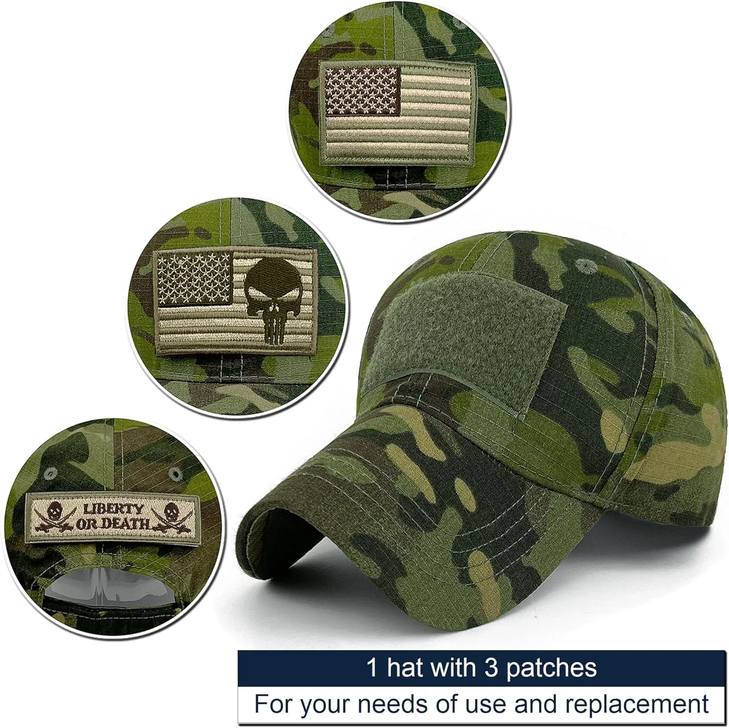Tactical Military Mens Camo Baseball Hat with American Flag Skull Patch Patriotic Operator Camouflage Cap for Women