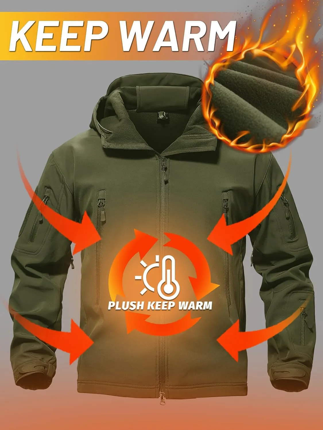 TACVASEN Men's Special Ops Military Tactical Rain Jackets Winter Warm Fleece Softshell Hooded Raincoat Snowboard
