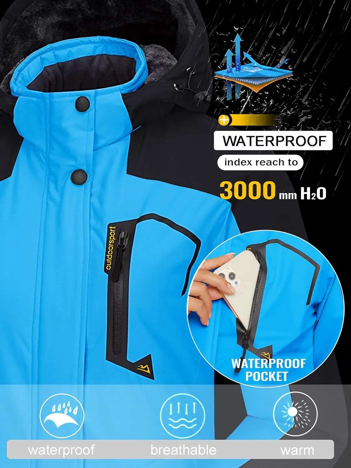 TACVASEN Women's Winter Jacket Waterproof Ski Jacket Hooded Fleece Lined Warm Snow Coat Mountain Windproof Rain Windbreaker