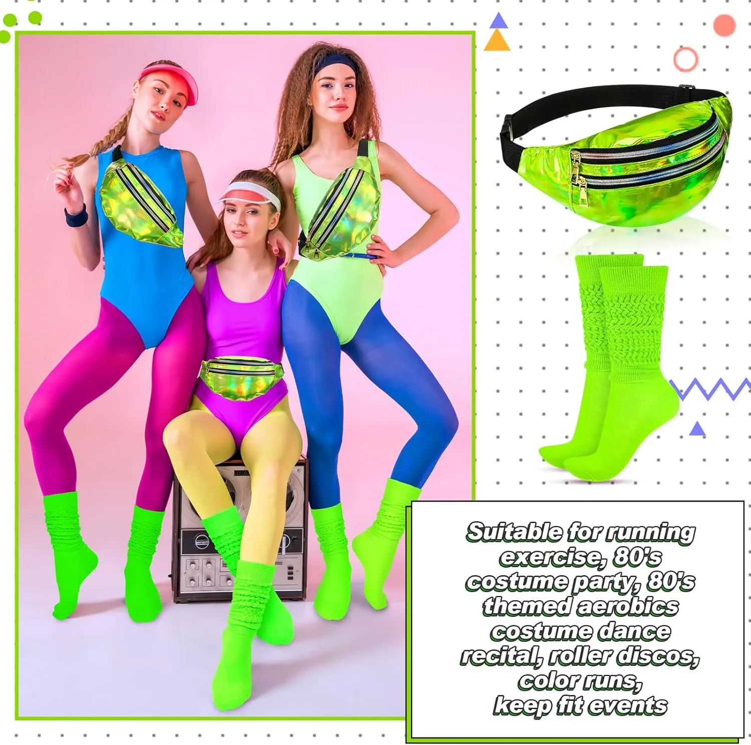 Tarpop 80s Neon Women Socks Holographic Fanny Pack Slouch Long Scrunch Sock Waist Bag for 80s 90s Halloween Costume