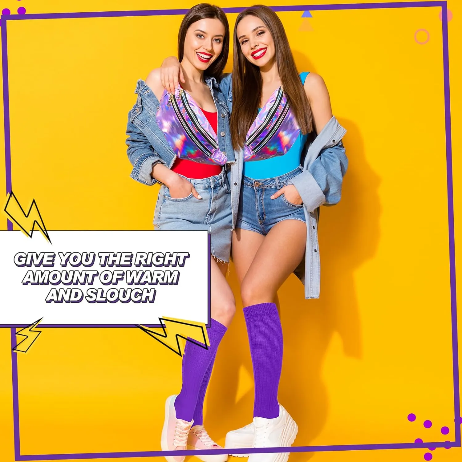 Tarpop 80s Neon Women Socks Holographic Fanny Pack Slouch Long Scrunch Sock Waist Bag for 80s 90s Halloween Costume