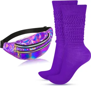 Tarpop 80s Neon Women Socks Holographic Fanny Pack Slouch Long Scrunch Sock Waist Bag for 80s 90s Halloween Costume