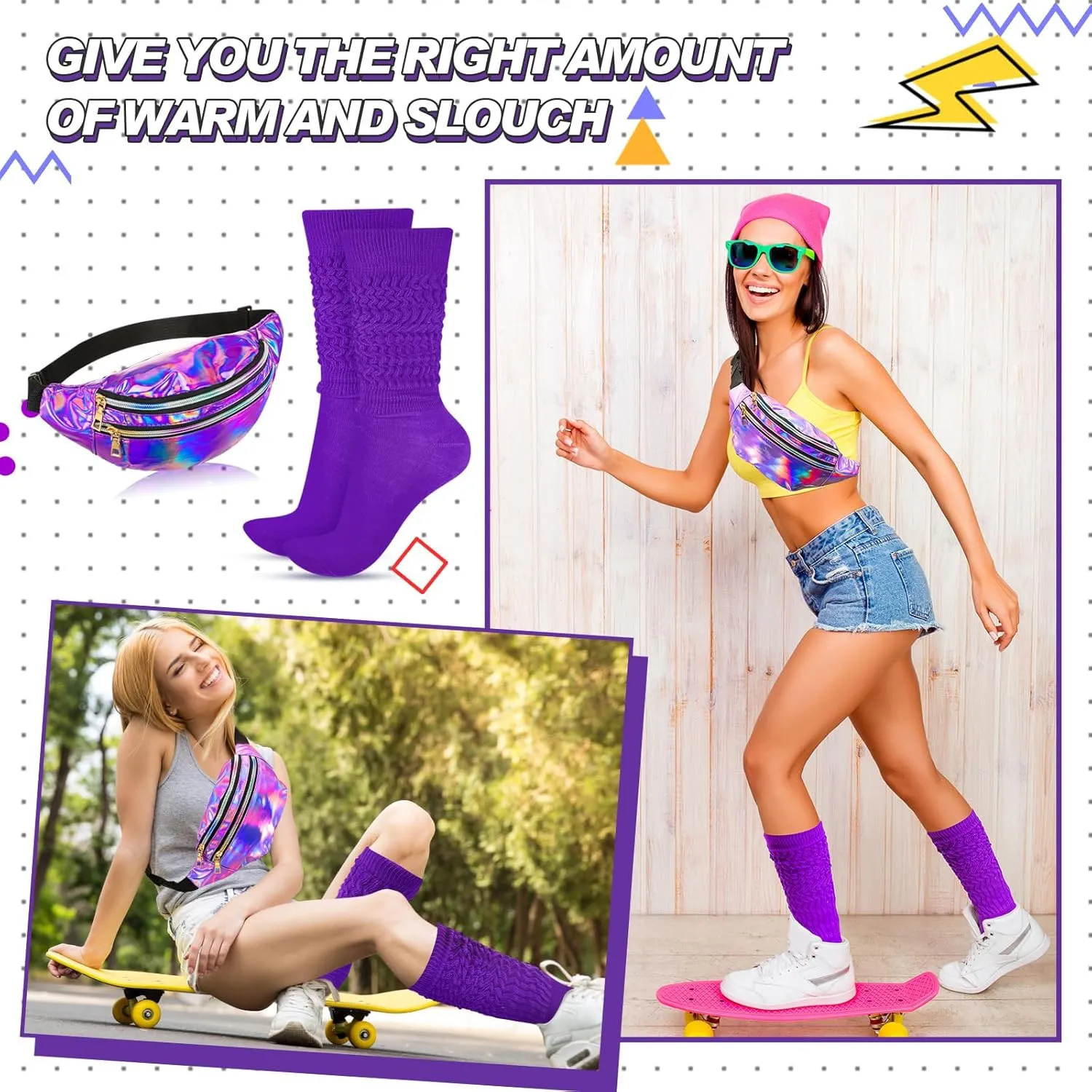 Tarpop 80s Neon Women Socks Holographic Fanny Pack Slouch Long Scrunch Sock Waist Bag for 80s 90s Halloween Costume