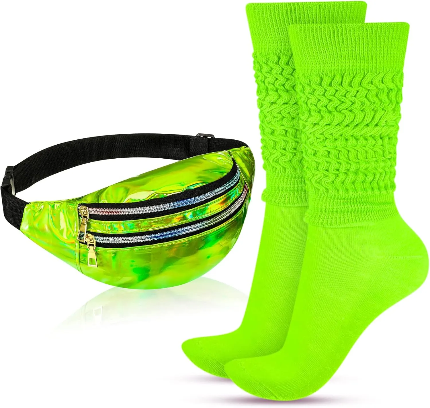 Tarpop 80s Neon Women Socks Holographic Fanny Pack Slouch Long Scrunch Sock Waist Bag for 80s 90s Halloween Costume