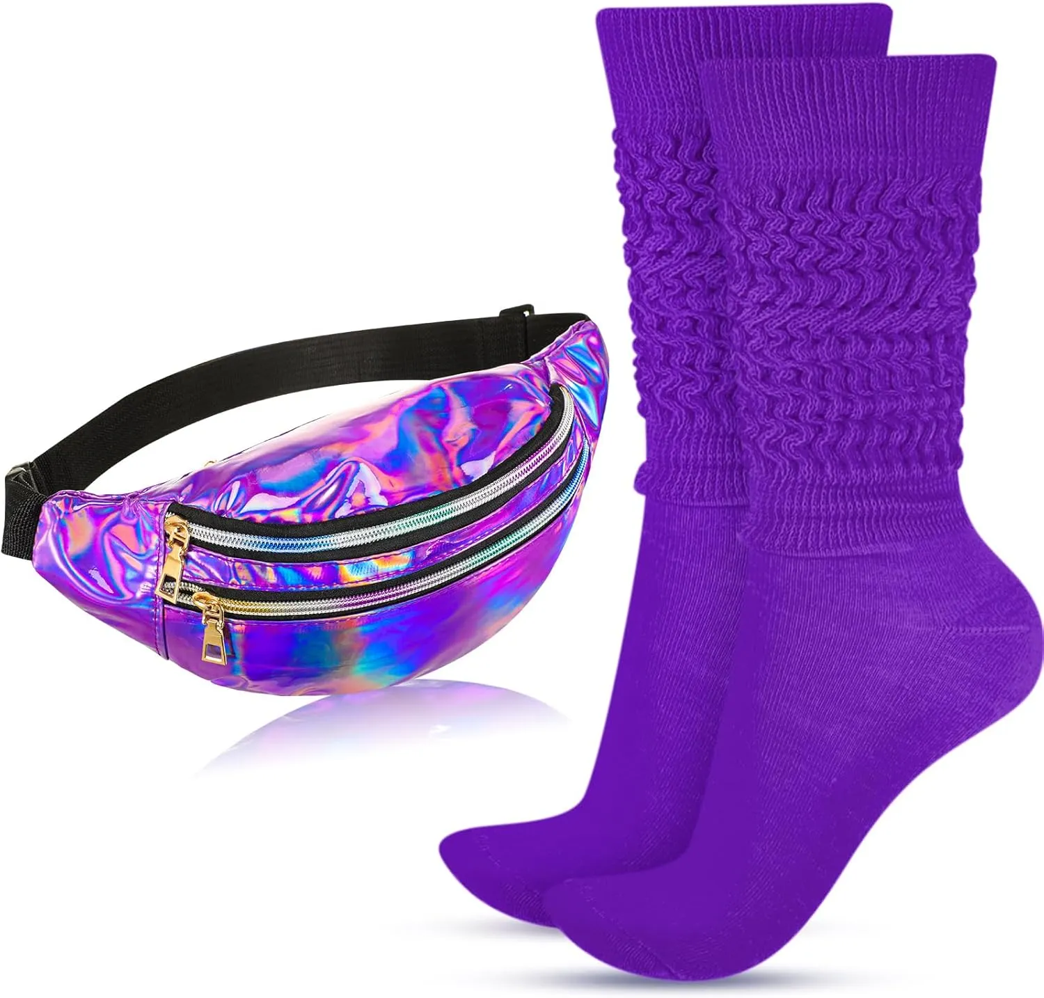 Tarpop 80s Neon Women Socks Holographic Fanny Pack Slouch Long Scrunch Sock Waist Bag for 80s 90s Halloween Costume
