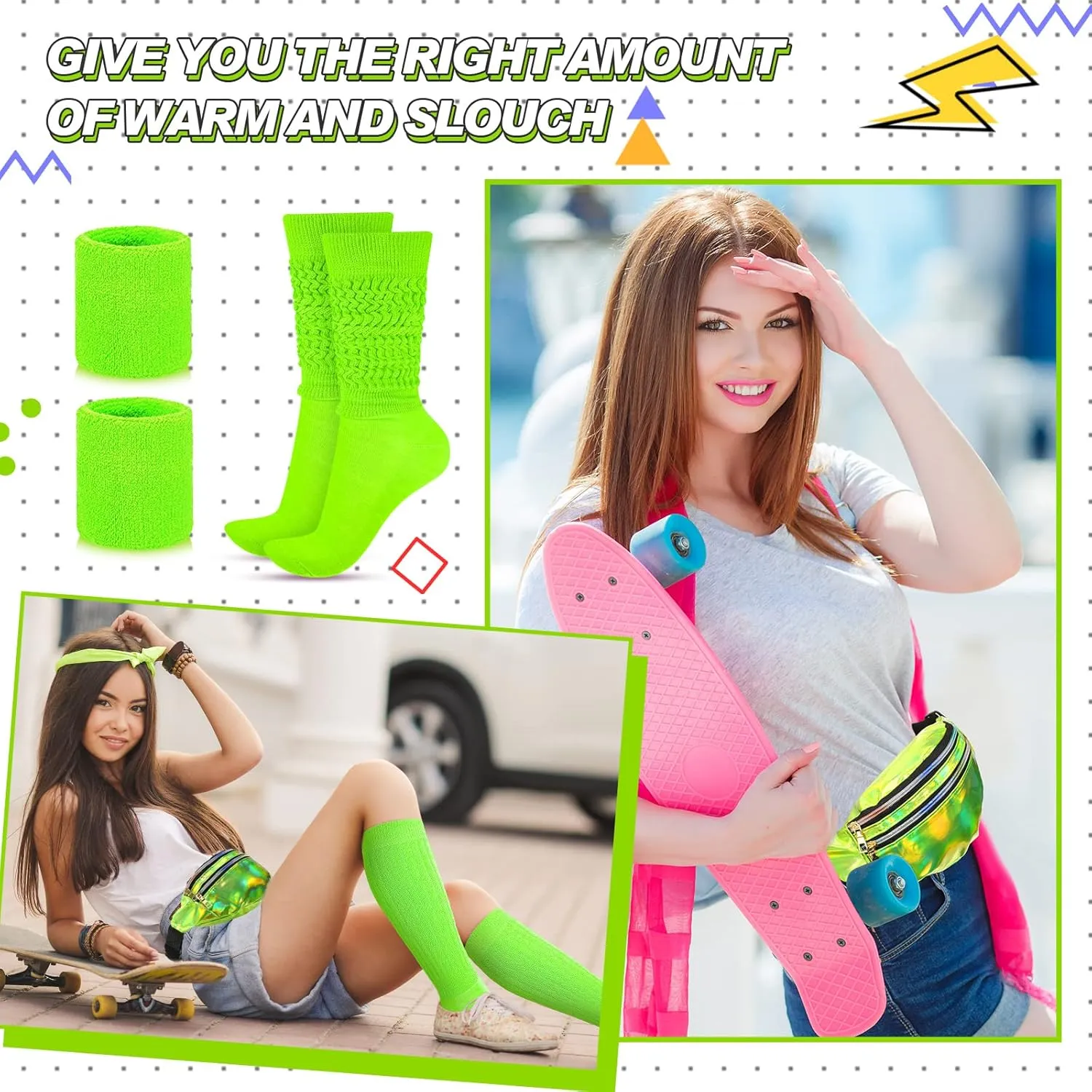 Tarpop 80s Neon Women Socks Holographic Fanny Pack Slouch Long Scrunch Sock Waist Bag for 80s 90s Halloween Costume