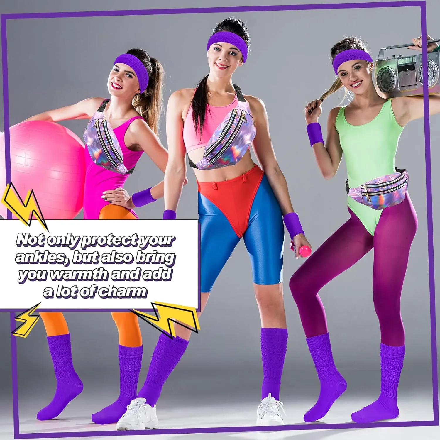 Tarpop 80s Neon Women Socks Holographic Fanny Pack Slouch Long Scrunch Sock Waist Bag for 80s 90s Halloween Costume
