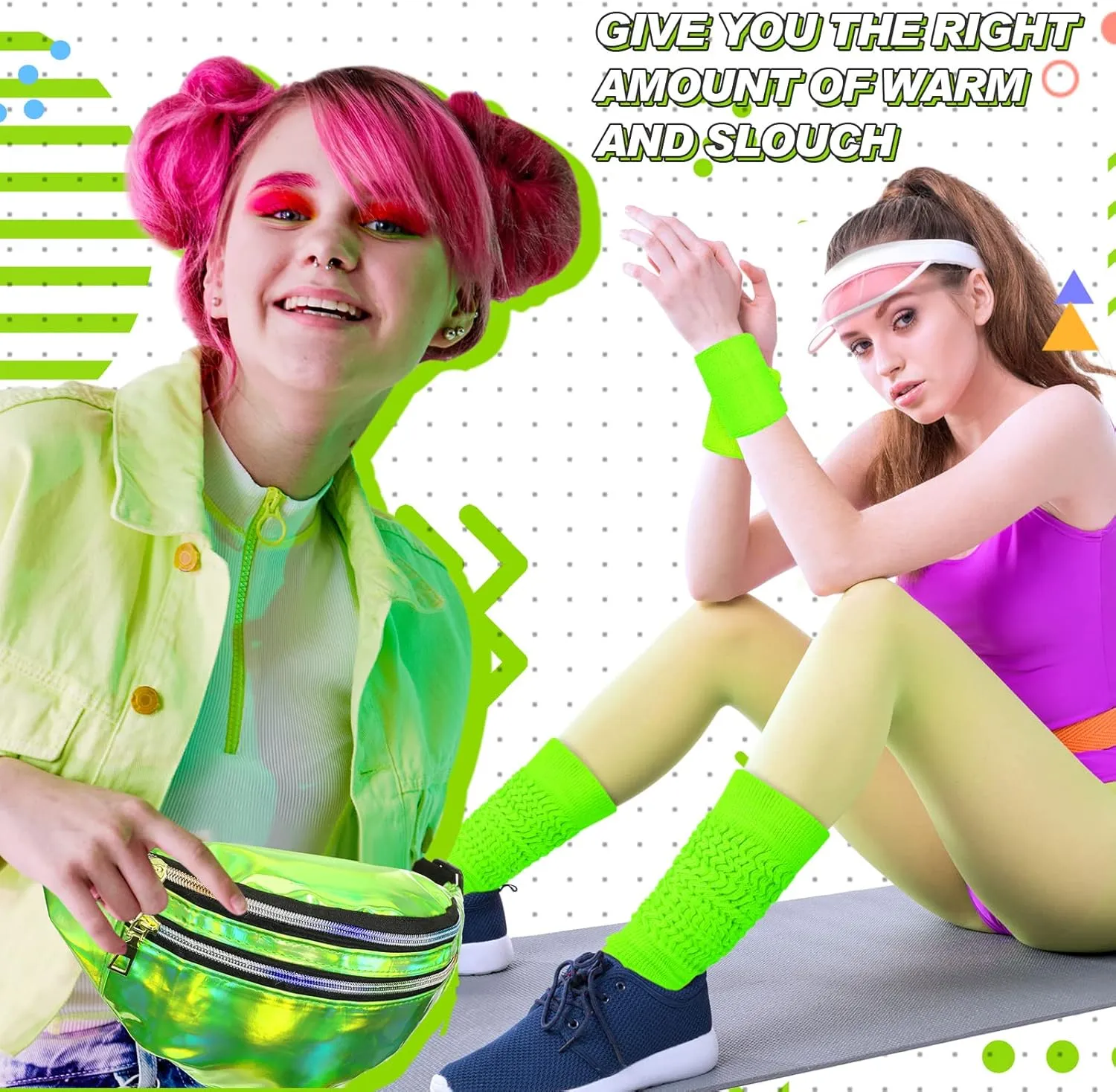 Tarpop 80s Neon Women Socks Holographic Fanny Pack Slouch Long Scrunch Sock Waist Bag for 80s 90s Halloween Costume