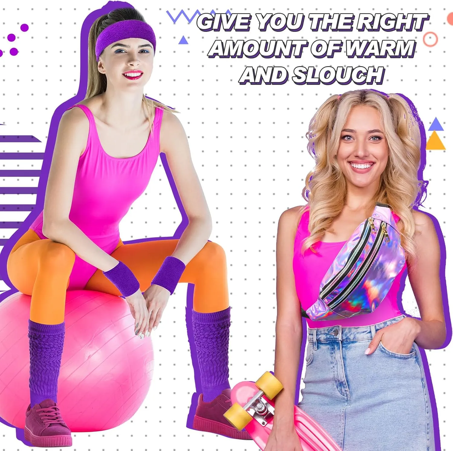 Tarpop 80s Neon Women Socks Holographic Fanny Pack Slouch Long Scrunch Sock Waist Bag for 80s 90s Halloween Costume