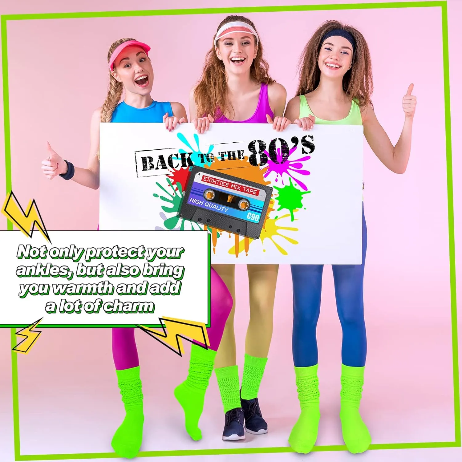 Tarpop 80s Neon Women Socks Holographic Fanny Pack Slouch Long Scrunch Sock Waist Bag for 80s 90s Halloween Costume