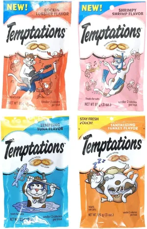 Temptations Cat Treats Variety Pack Bundle of 4 Flavor Pouches (Rockin? Lobster, Shrimpy Shrimp, Tempting Tuna, Tantalizing Turkey; 3 oz Each)