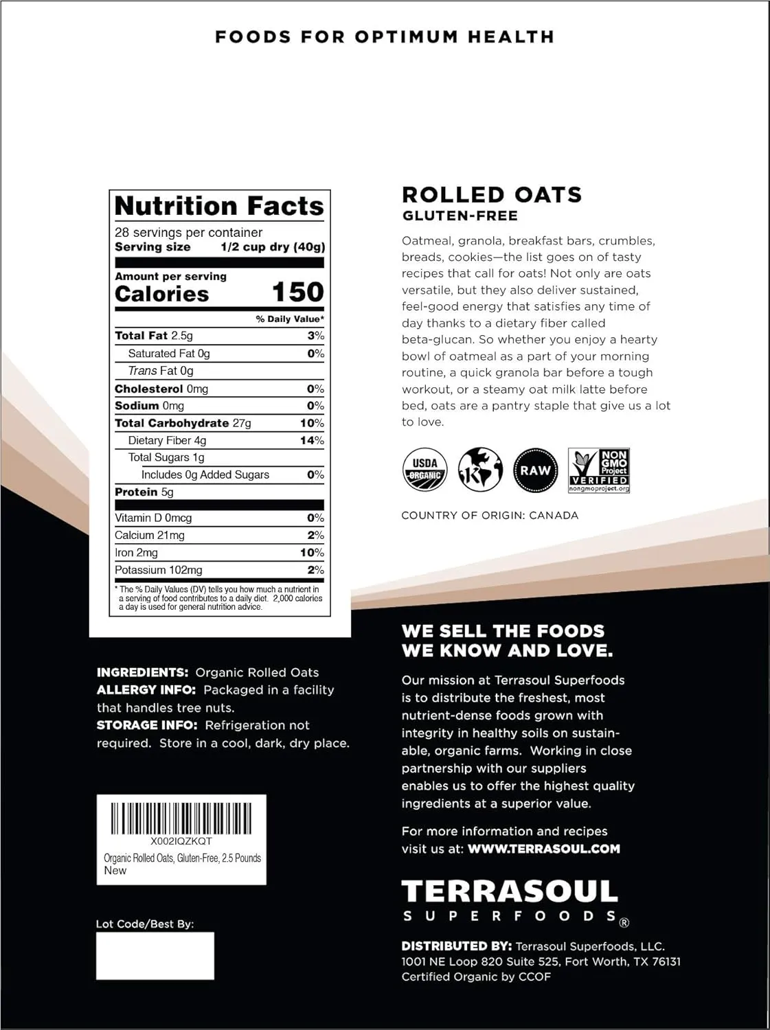 Terrasoul Superfoods Organic Rolled Oats, 5 lbs - Gluten-Free | Old-Fashioned | Whole Grain