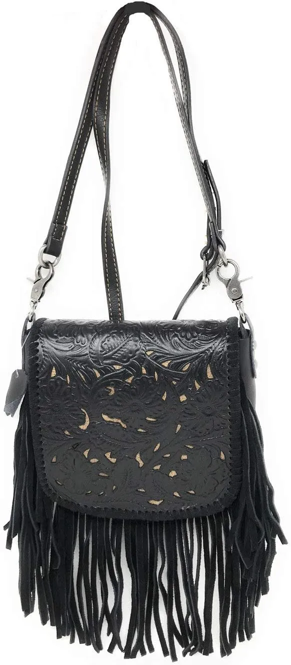 Texas West Western Genuine Leather Cowgirl Crossbody Messenger Fringe Laser Cut Purse Bag in 5 colors
