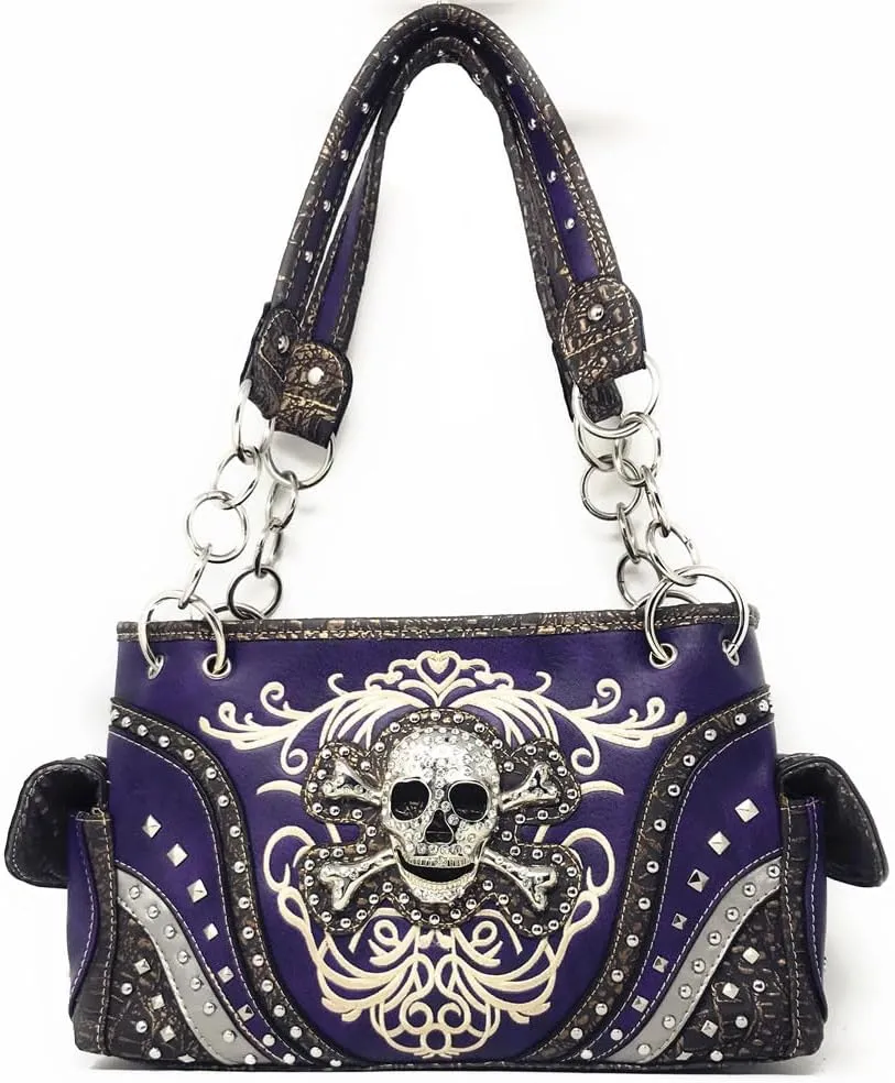Texas West Women's Metal Skull With Wings and Chains Handbag Purse in 2 colors