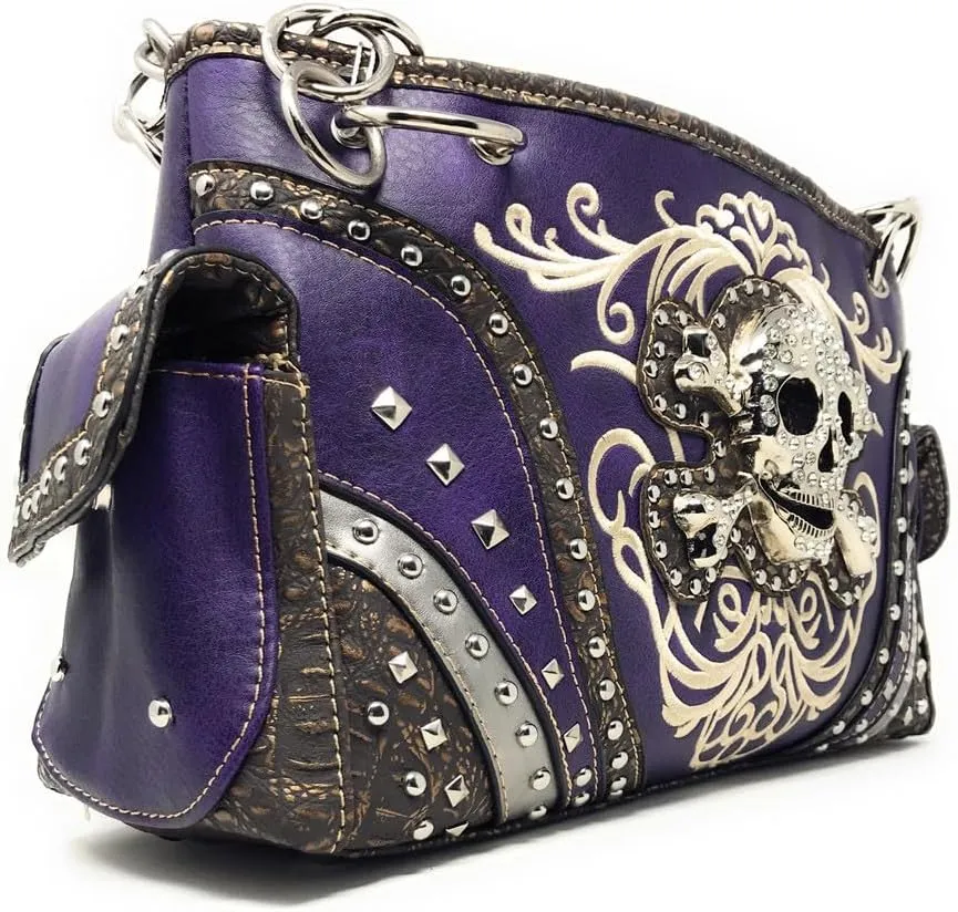 Texas West Women's Metal Skull With Wings and Chains Handbag Purse in 2 colors