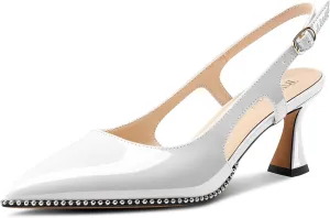 TNYNFBEB Womens Kitten Heel Pointed Toe Pumps Sliver Beaded Slingback Slip-on Buckle Prom Dress Basic Classic Patent Leather Summer 2.6 Inches Heels