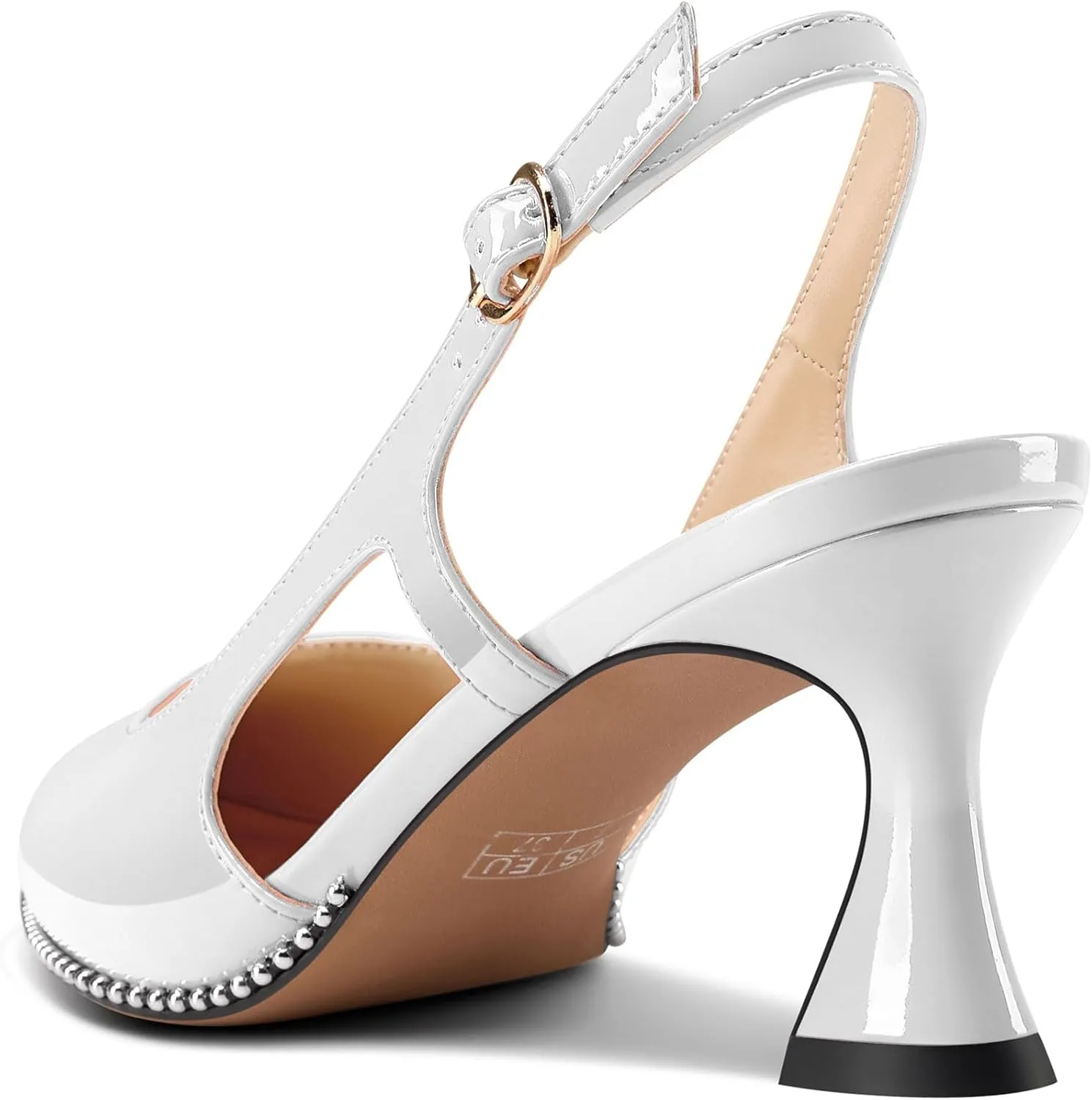 TNYNFBEB Womens Kitten Heel Pointed Toe Pumps Sliver Beaded Slingback Slip-on Buckle Prom Dress Basic Classic Patent Leather Summer 2.6 Inches Heels