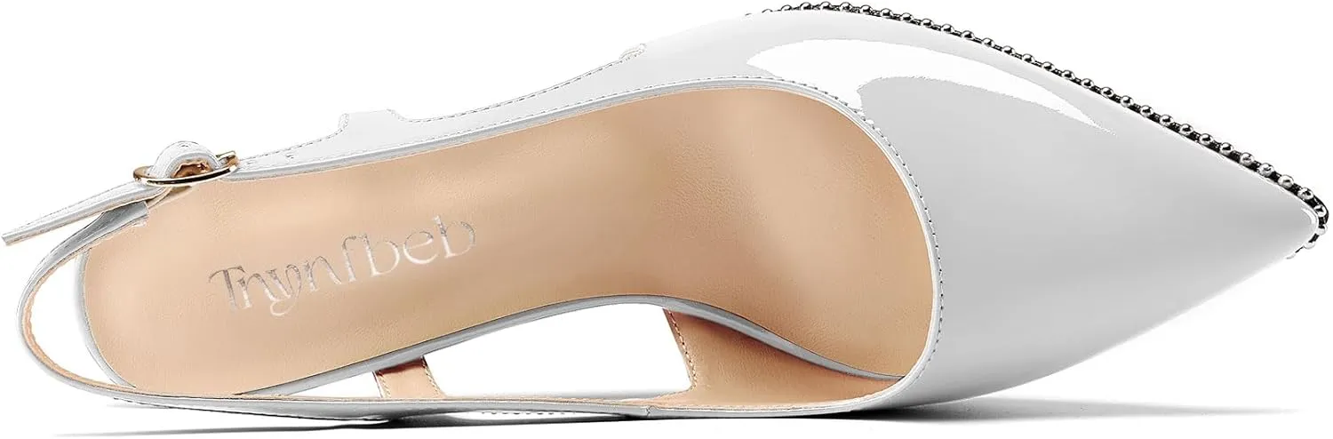 TNYNFBEB Womens Kitten Heel Pointed Toe Pumps Sliver Beaded Slingback Slip-on Buckle Prom Dress Basic Classic Patent Leather Summer 2.6 Inches Heels