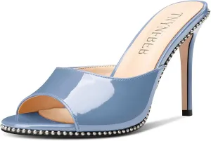 TNYNFBEB Womens Stiletto High Heel Peep Open Toe Sandals Mules Shoes Slingback Slip-on Silver Beaded Prom Party Dress Patent Leather 3.9 Inches Heels