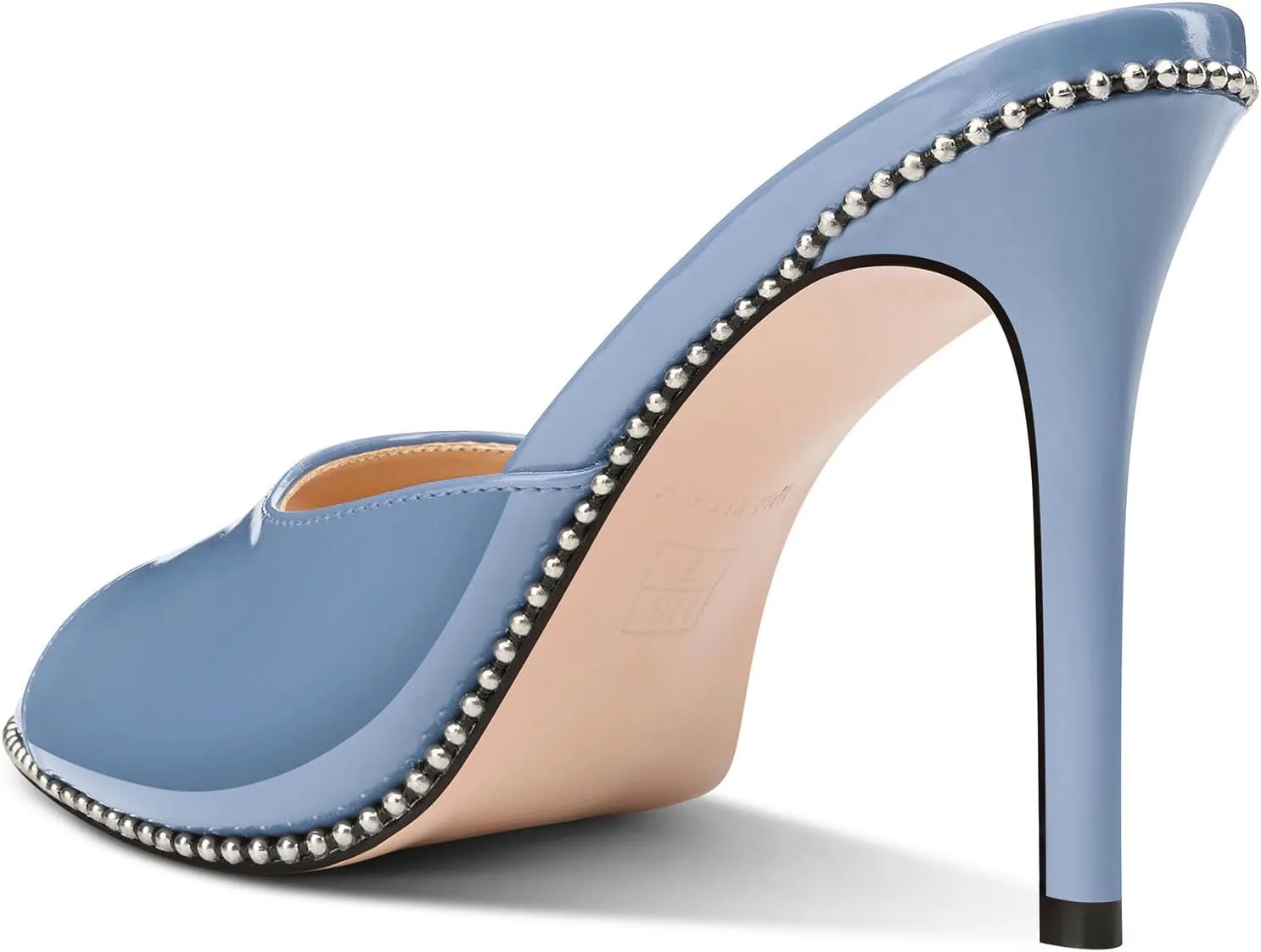 TNYNFBEB Womens Stiletto High Heel Peep Open Toe Sandals Mules Shoes Slingback Slip-on Silver Beaded Prom Party Dress Patent Leather 3.9 Inches Heels