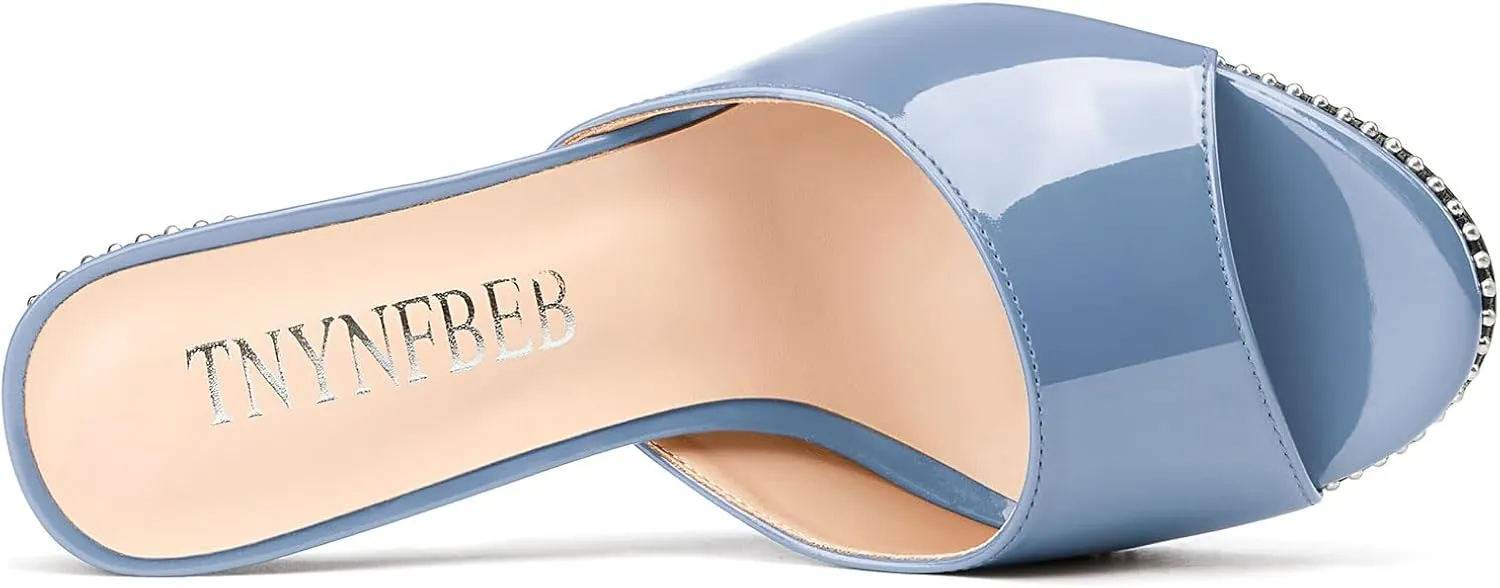 TNYNFBEB Womens Stiletto High Heel Peep Open Toe Sandals Mules Shoes Slingback Slip-on Silver Beaded Prom Party Dress Patent Leather 3.9 Inches Heels