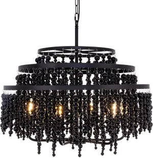TOCHIC Large Black Beaded Chandelier 26.4", Farmhouse Wood Bead Chandeliers Boho Coastal Bohemia Pendant Light Fixture for Dining Living Room, Bedroom, Kitchen, Foyer, Entryway, 6 Lights