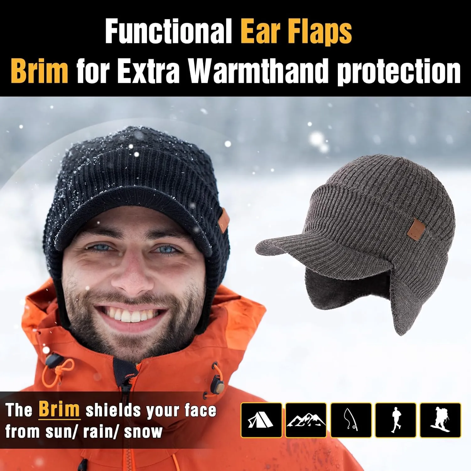TOP-EX 50% Merino Wool Winter Hats Beanie with Brim Waterproof Warm Fleece Lined for Cold Weather