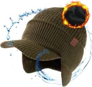 TOP-EX 50% Merino Wool Winter Hats Beanie with Brim Waterproof Warm Fleece Lined for Cold Weather