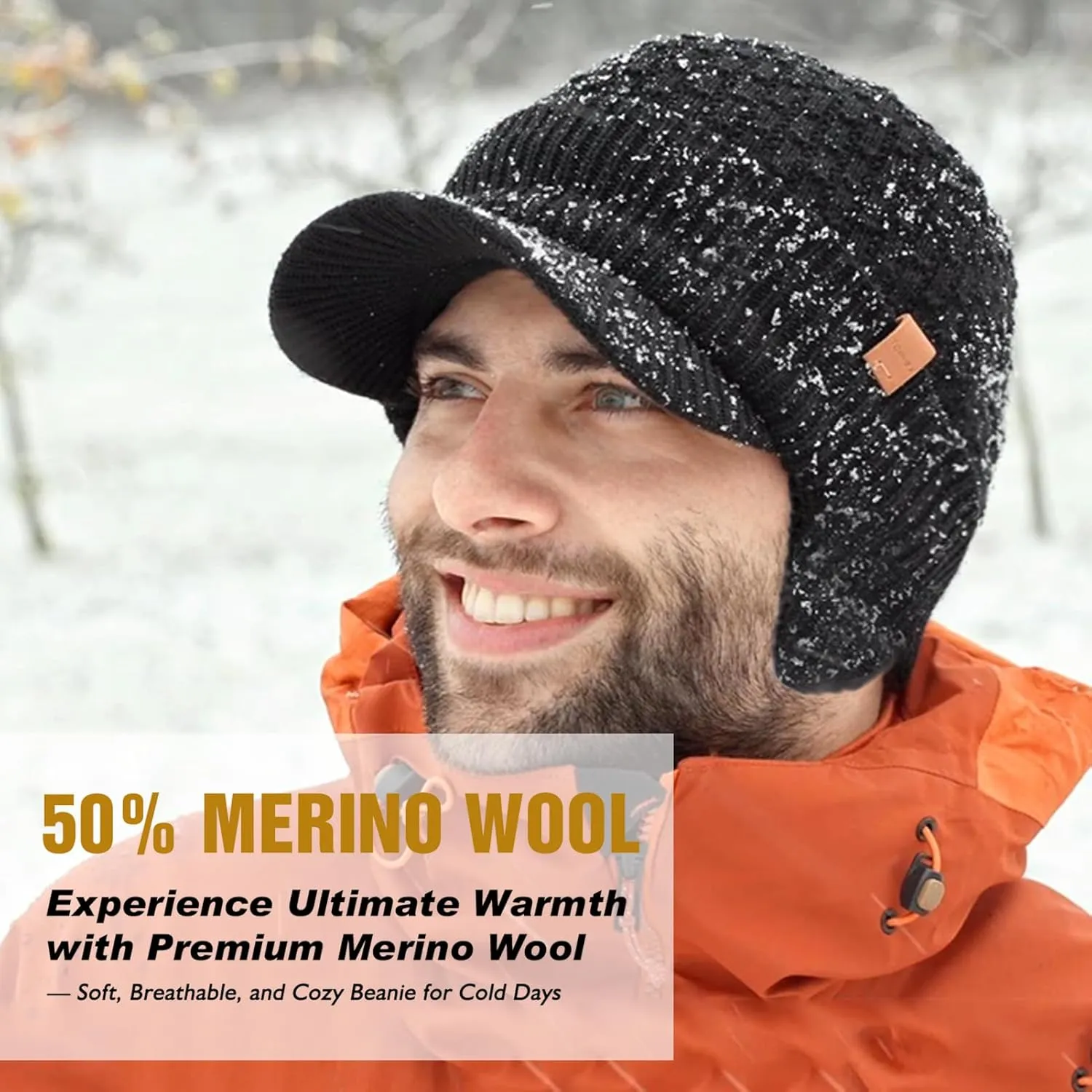 TOP-EX 50% Merino Wool Winter Hats Beanie with Brim Waterproof Warm Fleece Lined for Cold Weather