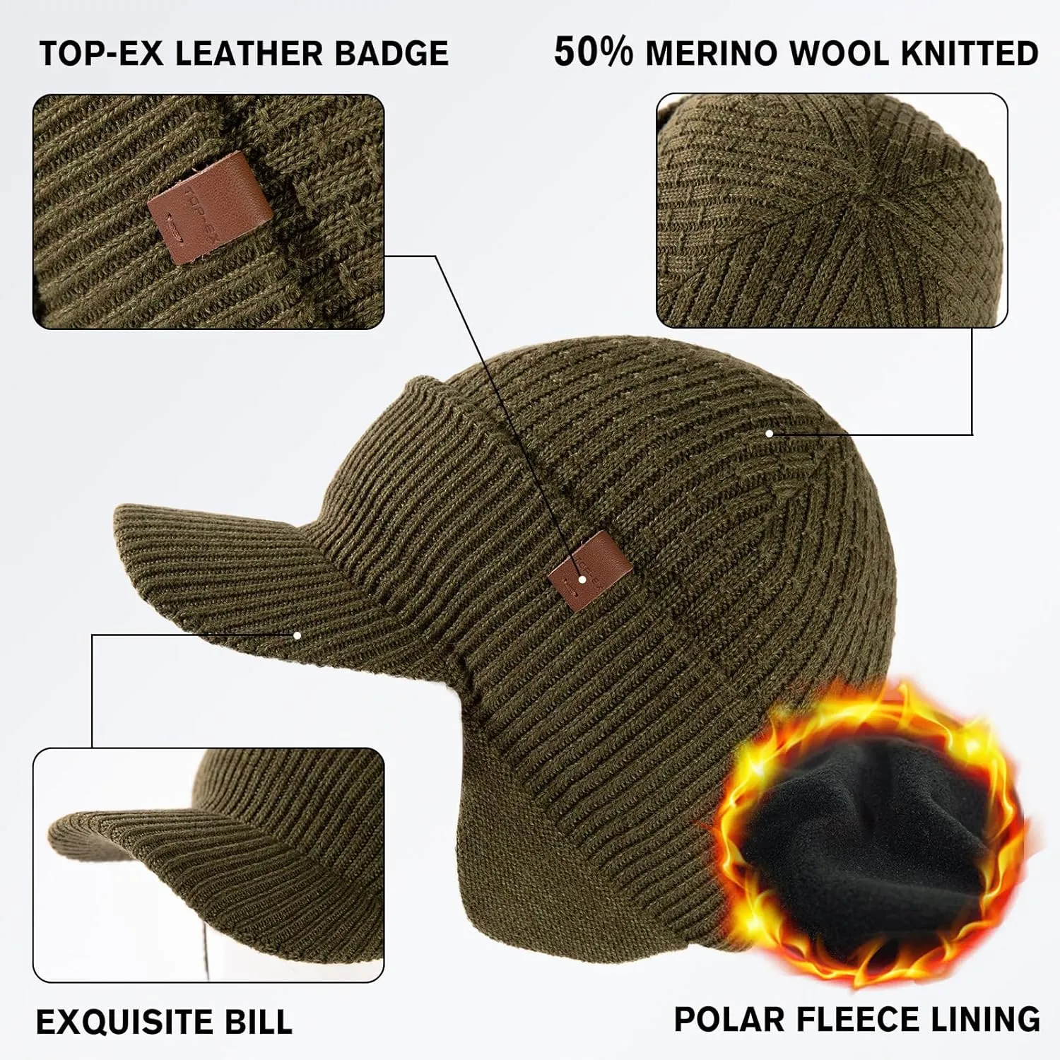 TOP-EX 50% Merino Wool Winter Hats Beanie with Brim Waterproof Warm Fleece Lined for Cold Weather