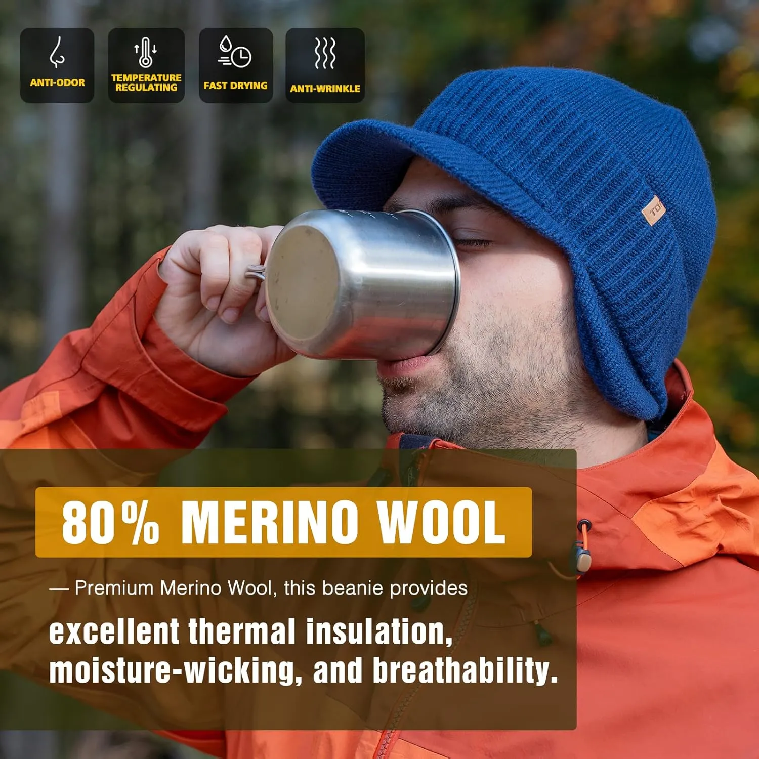 TOP-EX L/XL/XXL Unisex 80% Merino Wool Waterproof Brim Beanie Hats with Ear Flaps Fleece Lined for All Weather