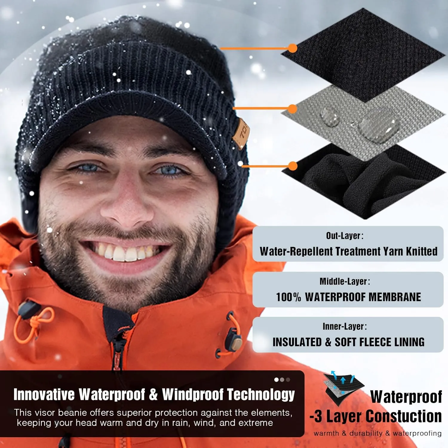 TOP-EX L/XL/XXL Unisex 80% Merino Wool Waterproof Brim Beanie Hats with Ear Flaps Fleece Lined for All Weather