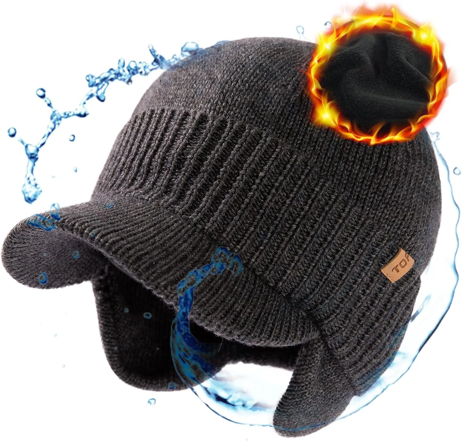 TOP-EX L/XL/XXL Unisex 80% Merino Wool Waterproof Brim Beanie Hats with Ear Flaps Fleece Lined for All Weather
