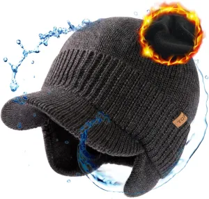TOP-EX L/XL/XXL Unisex 80% Merino Wool Waterproof Brim Beanie Hats with Ear Flaps Fleece Lined for All Weather