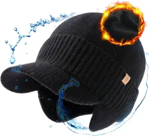 TOP-EX L/XL/XXL Unisex 80% Merino Wool Waterproof Brim Beanie Hats with Ear Flaps Fleece Lined for All Weather