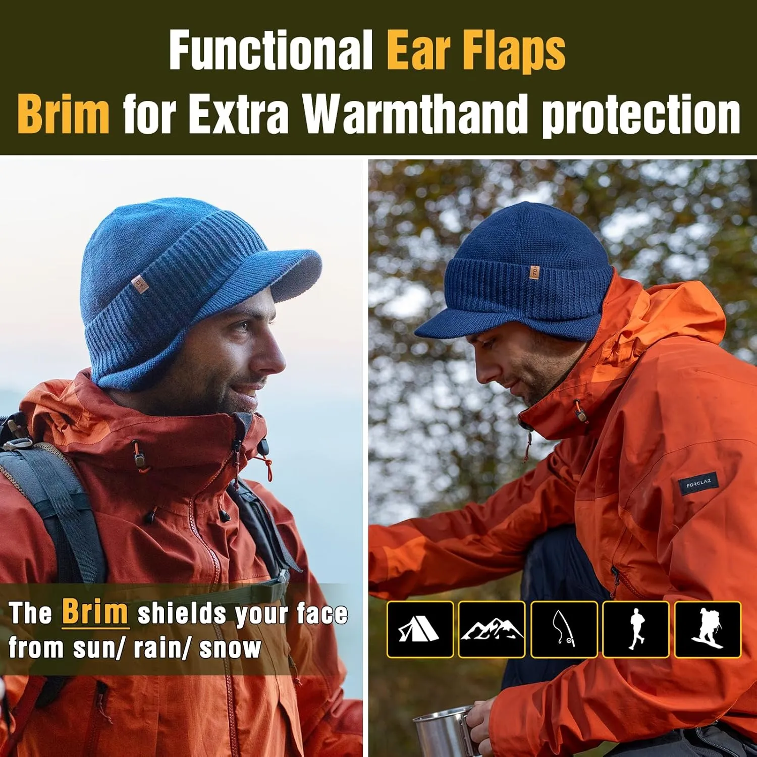 TOP-EX L/XL/XXL Unisex 80% Merino Wool Waterproof Brim Beanie Hats with Ear Flaps Fleece Lined for All Weather
