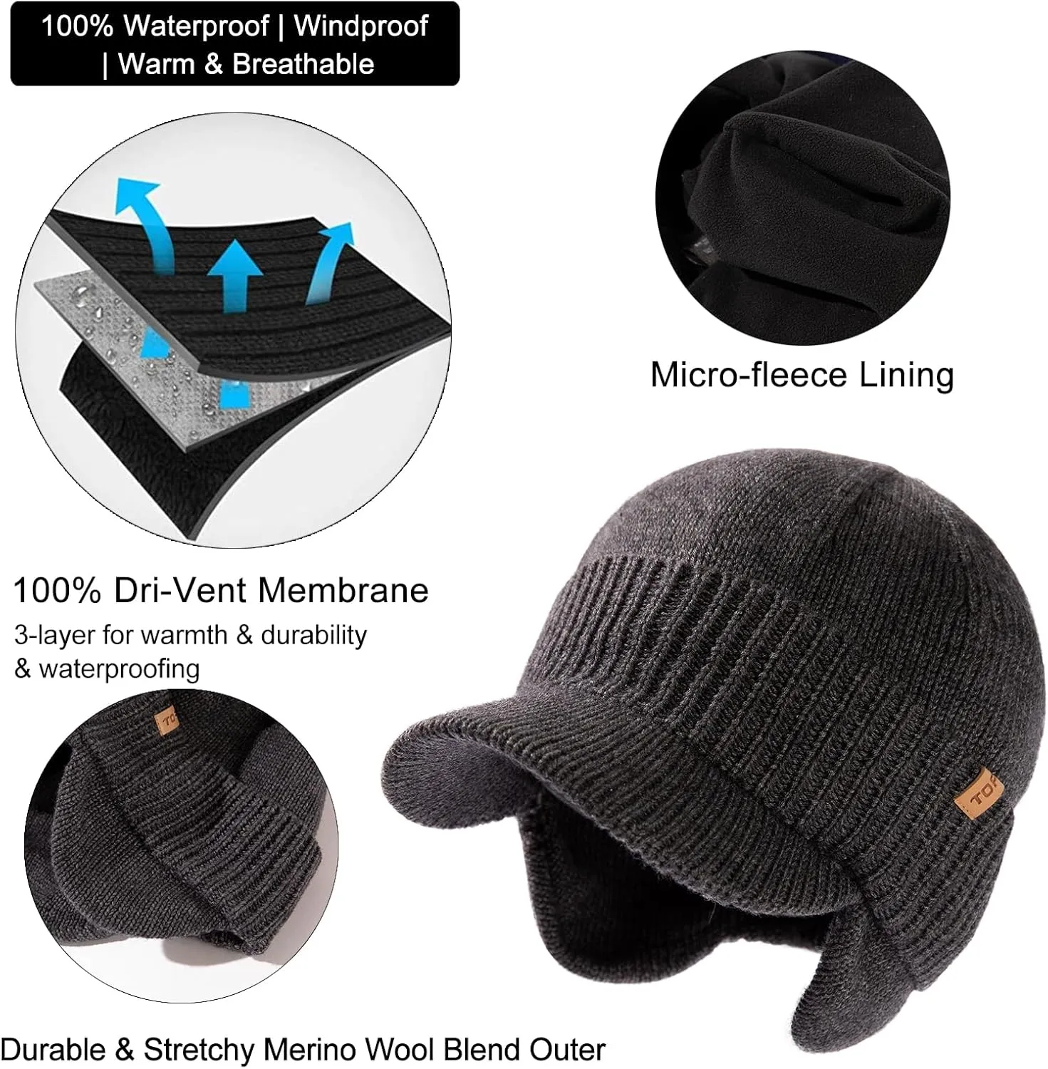 TOP-EX L/XL/XXL Unisex 80% Merino Wool Waterproof Brim Beanie Hats with Ear Flaps Fleece Lined for All Weather