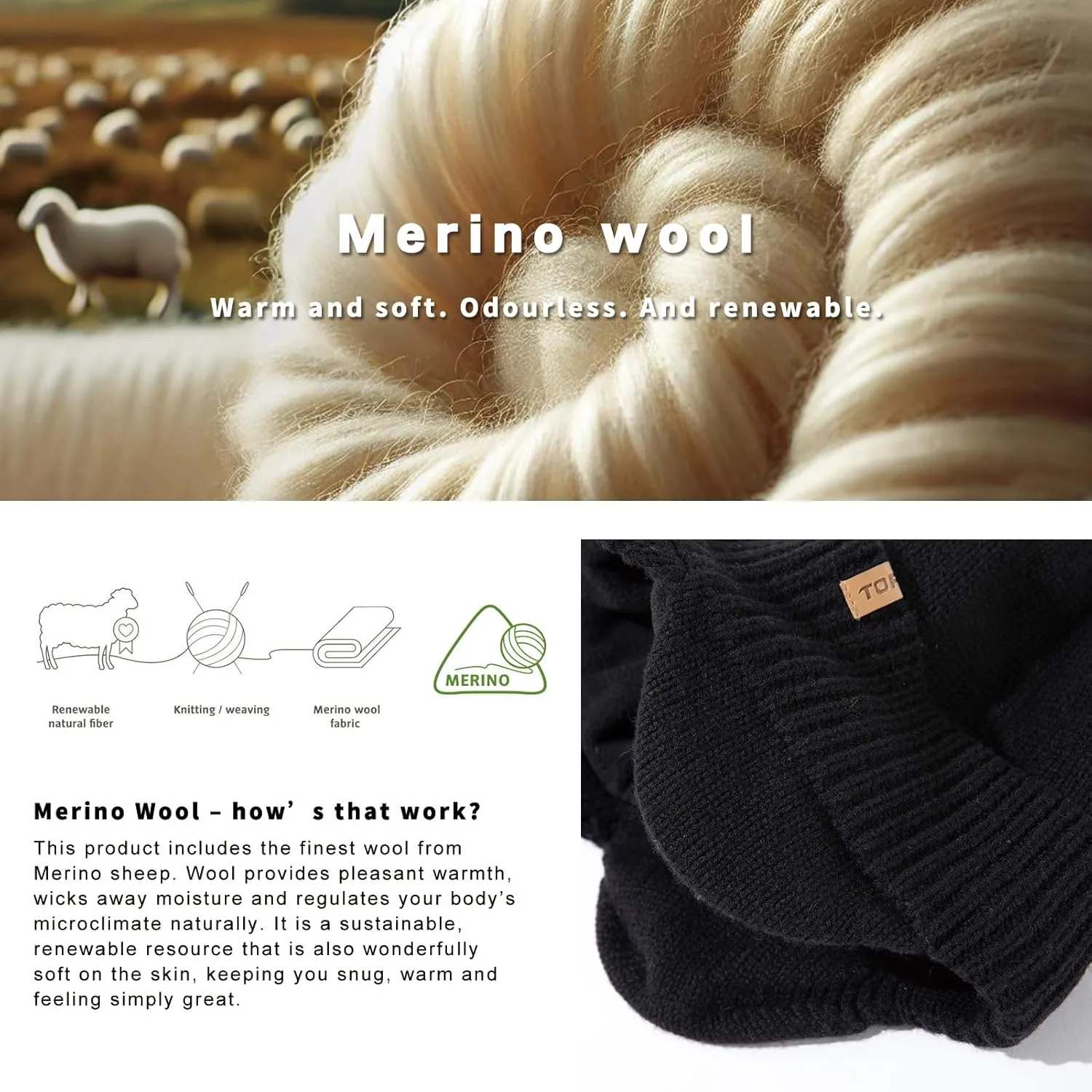 TOP-EX L/XL/XXL Unisex 80% Merino Wool Waterproof Brim Beanie Hats with Ear Flaps Fleece Lined for All Weather