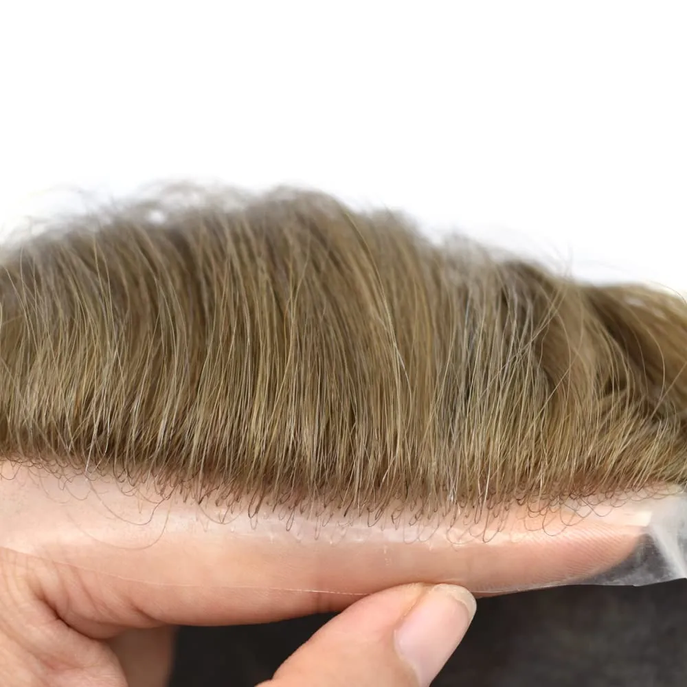 Toupee for Men Hair Replacement System 0.04mm V-Loop Ulta Thin Skin European Human Hair Piece Invisible Mens Hair Toupee Male Wig Units (7X9"-90% Light Density, BROWN/BLONDE MIX WARM TONE 17R#)