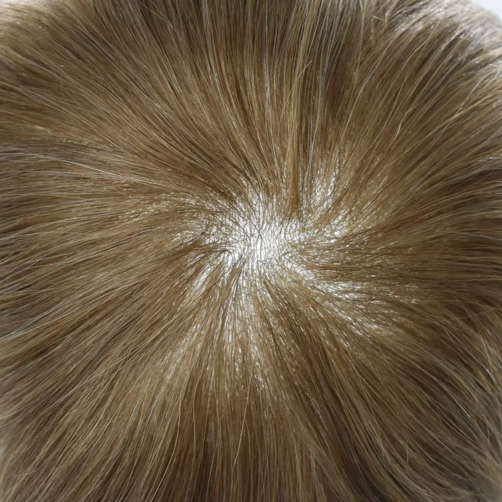 Toupee for Men Hair Replacement System 0.04mm V-Loop Ulta Thin Skin European Human Hair Piece Invisible Mens Hair Toupee Male Wig Units (7X9"-90% Light Density, BROWN/BLONDE MIX WARM TONE 17R#)